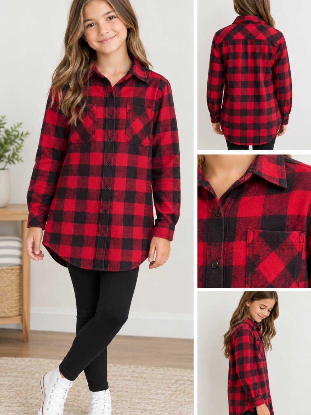 Roots Kids Girls Red & Black Buffalo Plaid Flannel Tunic Shirt XL / 11–12Y